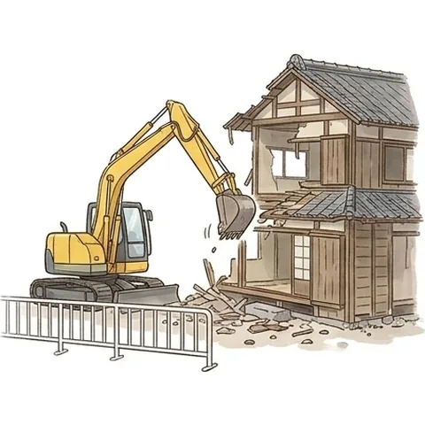 白い仮囲いの中で小型の重機が古い木造住宅を解体している挿絵