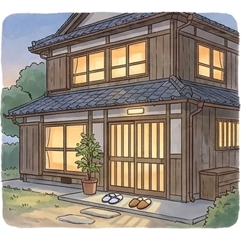 窓に明かりがともり玄関に新しいスリッパが並ぶ古い家の挿絵